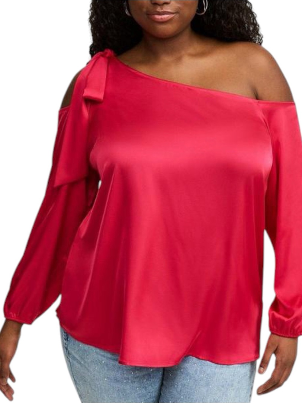 New NWT Torrid Sz 1 14 16 1X Virtual Pink Satin Off Shoulder Bow Detail Blouse